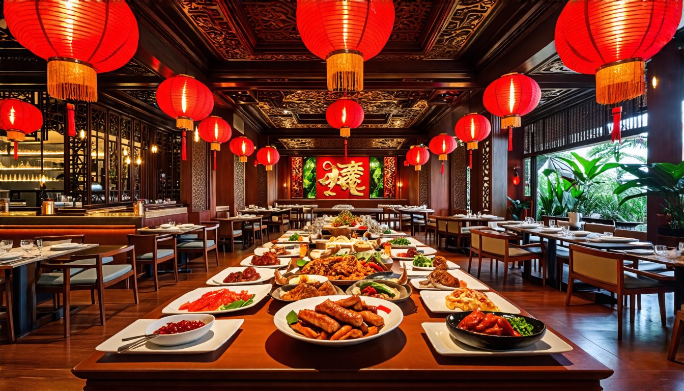 A vibrant, high-definition image of the elegant interior of Lion X Restaurant in Nusa Dua, Indonesia, showcasing an opulent dining area with traditional Chinese décor elements like red lanterns, intri