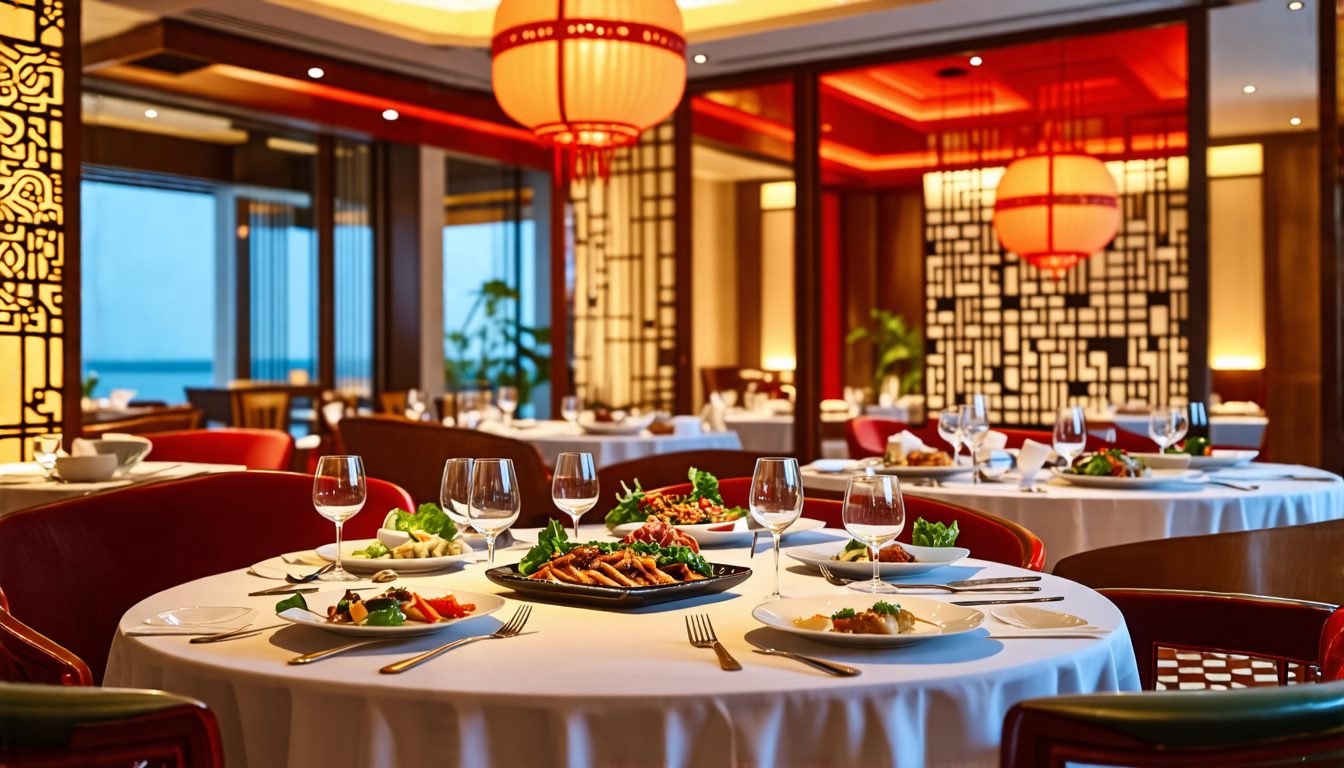 A high-end Chinese dining experience at Lion X Restaurant in Nusa Dua, Indonesia, showcasing elegant interior decor with intricate Chinese motifs, beautifully arranged traditional and modern Chinese d