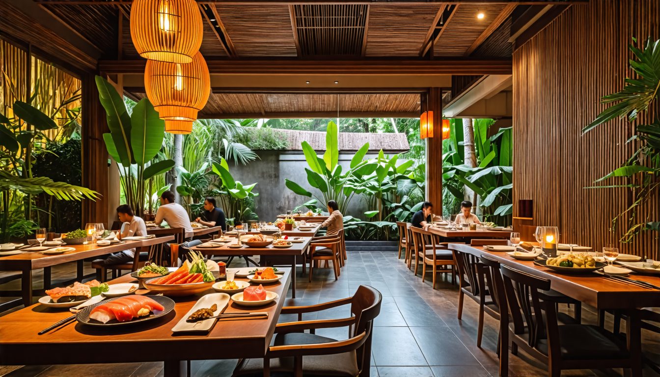 Create an image of an elegant Japanese restaurant in Ubud, Indonesia, featuring a stylish and intimate setting with a Shichirin grill at each table. Show traditional Japanese decor blended with Baline