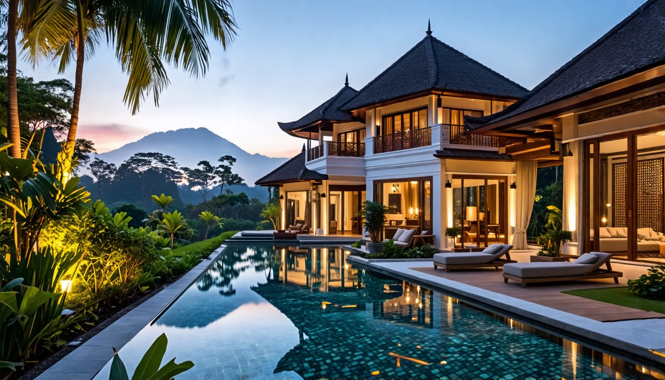 Create a stunning visual of Kayon Villas Tirta Gangga in Ababi Village, Karangasem, Bali, set to debut in Q2 2026. Showcase luxurious villa accommodations nestled amidst lush tropical gardens, with a