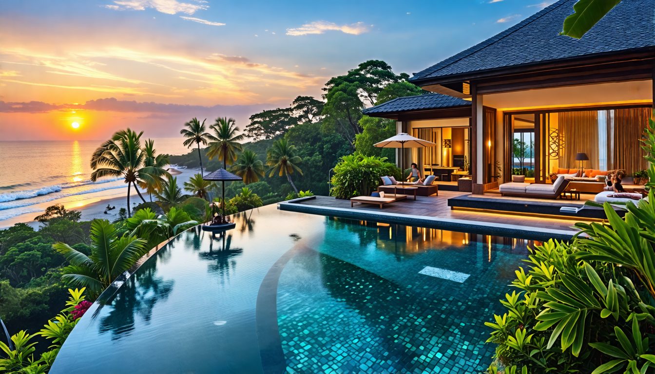 Create an image of a luxurious resort in Bali, set against the backdrop of an ethereal tropical paradise. The resort should feature elegant architecture with Balinese design elements, lush gardens, an