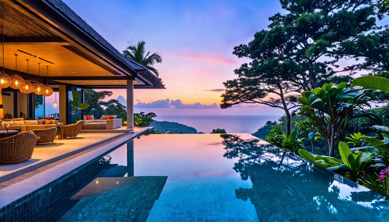 Create an image of Villa Sol Y Mar, a prestigious sanctuary in Bali. Depict luxurious and exclusive holiday rental features such as an infinity pool overlooking the ocean, elegant modern Balinese arch